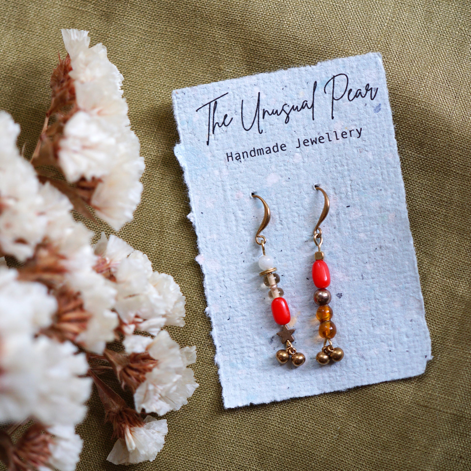 red copper beaded dangle earrings